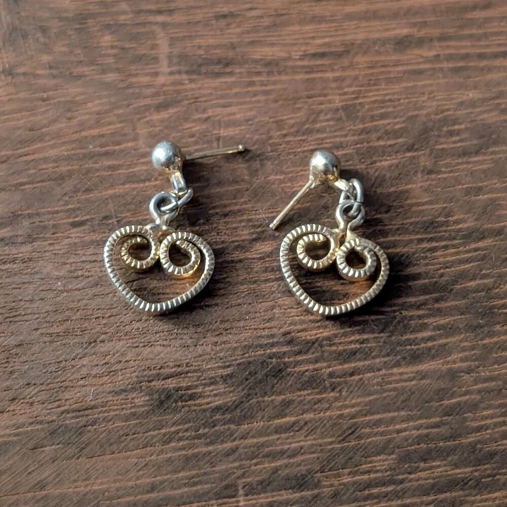 Vintage Stud Earrings Gold Tone Heart Dangle
